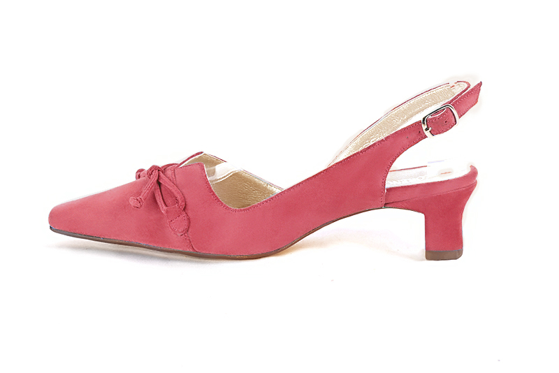 Carnation pink women's open back shoes, with a knot. Tapered toe. Low kitten heels. Profile view - Florence KOOIJMAN